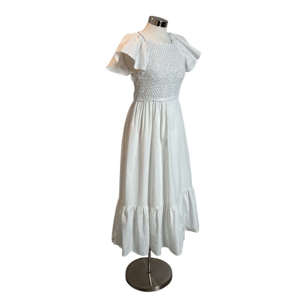 ZARA WHITE COTTON FLUTTER SLEEVE CROCHET BODICE CROSS BACK SUMMER MIDI DRESS - Picture 4 of 13